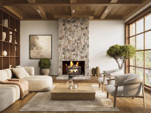 Interior design of modern apartment with large shelf, rafter ceiling and comfortable furniture