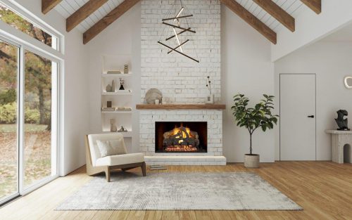 Elegant living room interior with fireplace, hardwood flooring, beautiful furniture and rafter ceiling