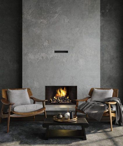 Dark living room loft with fireplace, industrial style