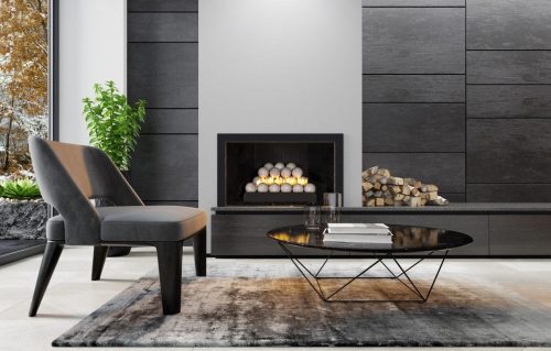 Modern minimalist apartment interior living room with fireplace