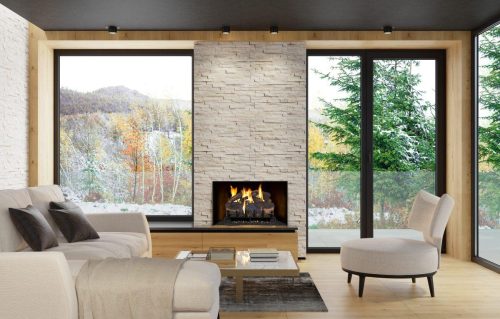 Modern Scandinavian style country villa light minimalist interior with fireplace and white slate rock wall